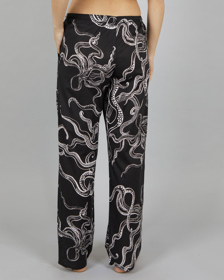 Womens Lounge Pants - White Octopus on Black Back - Woodstock Laundry