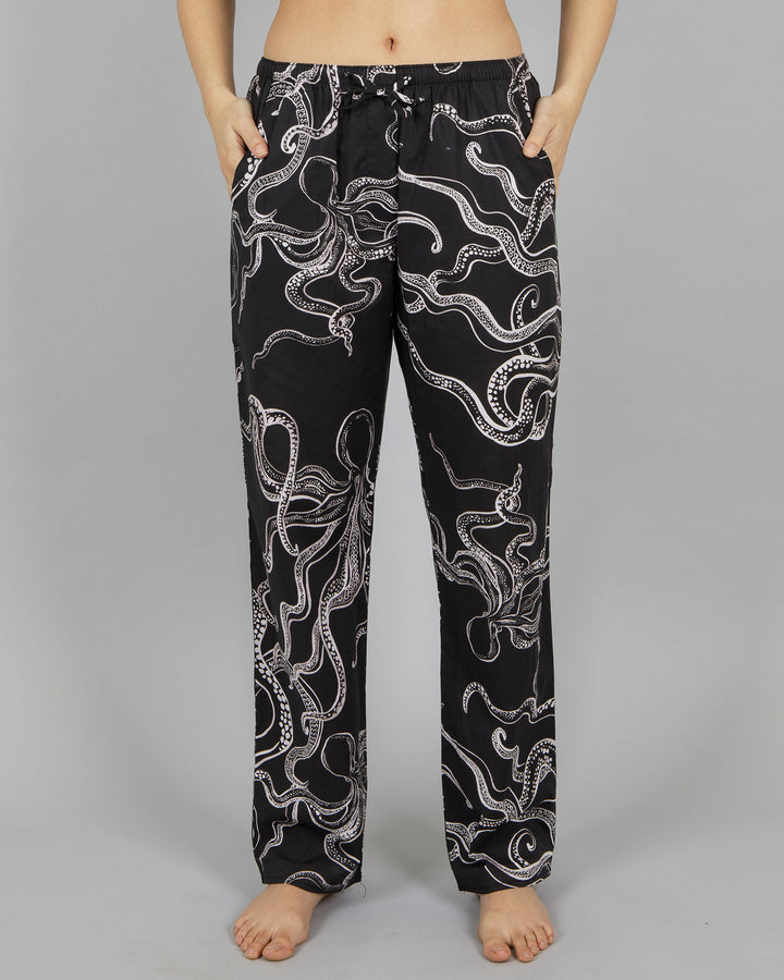 Womens Lounge Pants - White Octopus on Black Front - Woodstock Laundry