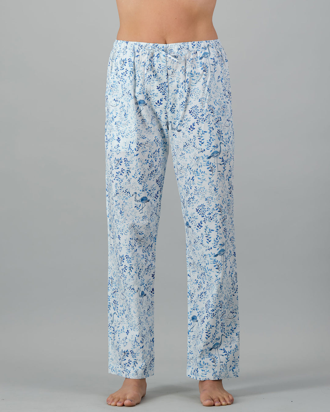 Womens Lounge Pants - Blue Summer Vines on White Front - Woodstock Laundry