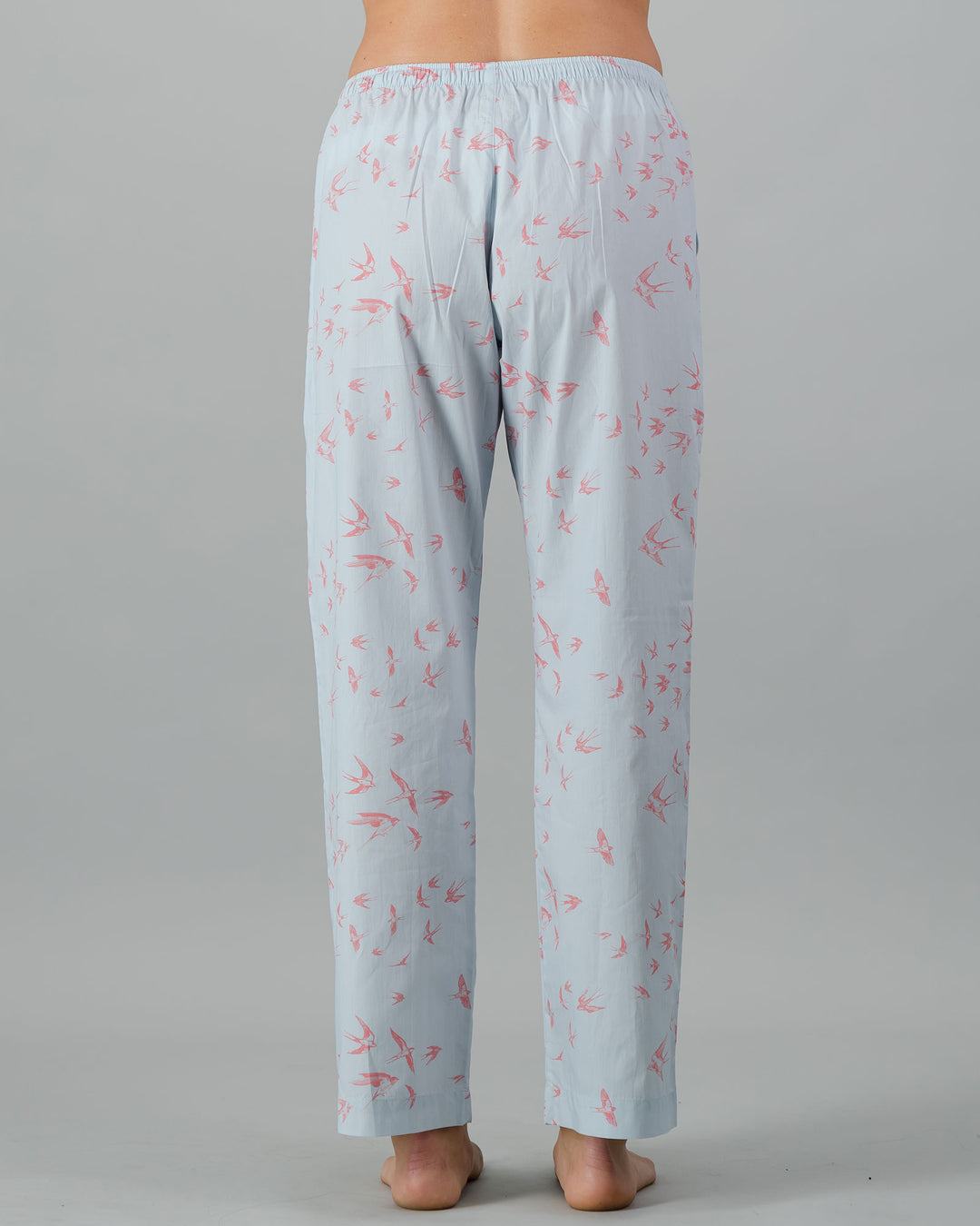 Womens Lounge Pants - Pink Swallows on Pale Blue Back - Woodstock Laundry