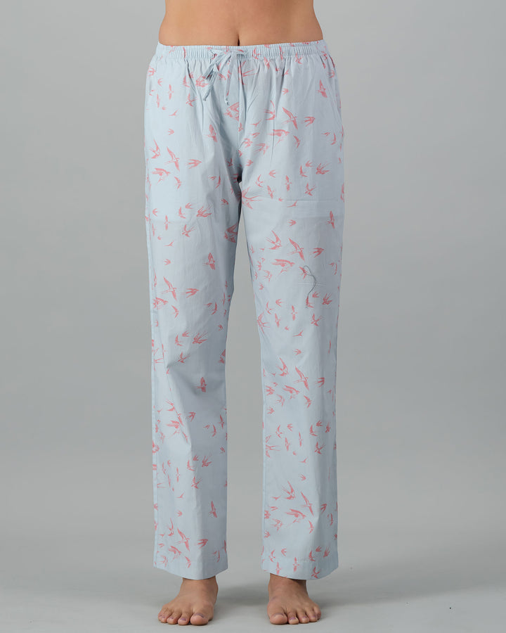 Womens Lounge Pants - Pink Swallows on Pale Blue Front - Woodstock Laundry