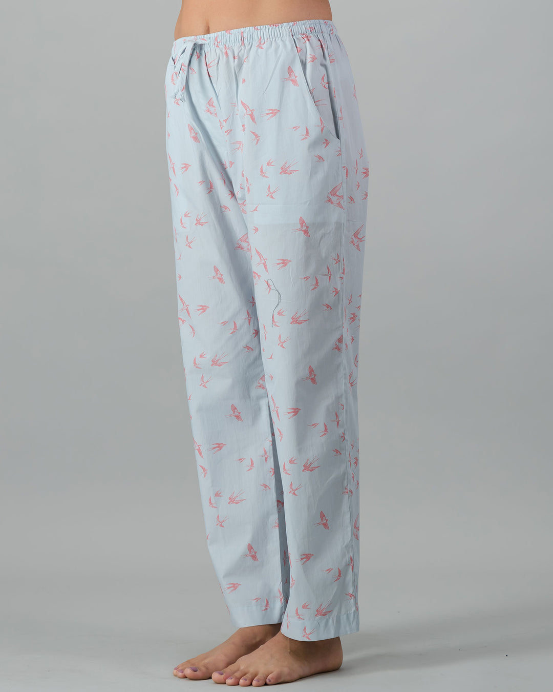 Womens Lounge Pants - Pink Swallows on Pale Blue Side - Woodstock Laundry