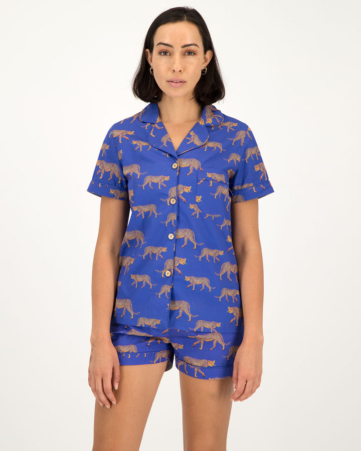 Womens Short Pyjamas - Cheetahs on Blue Front - Woodstock Laundry