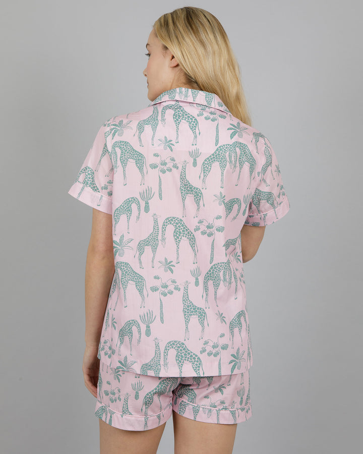 Womens Short Pyjamas Giraffes Pink Back - Woodstock Laundry