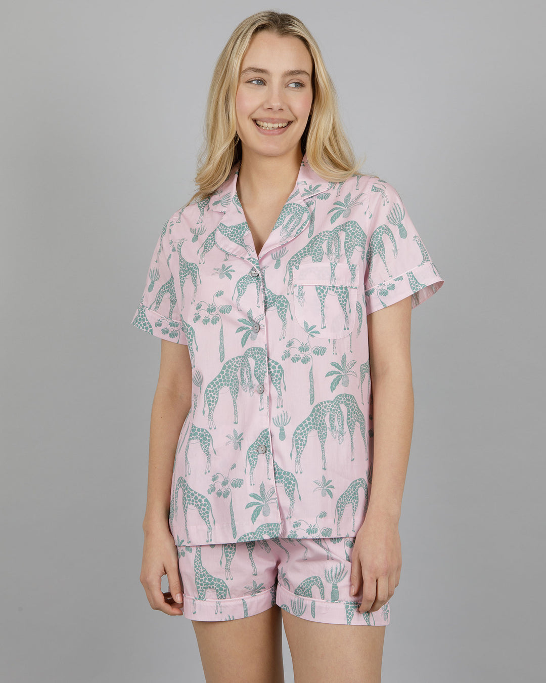 Womens Short Pyjamas Giraffes Pink Front - Woodstock Laundry