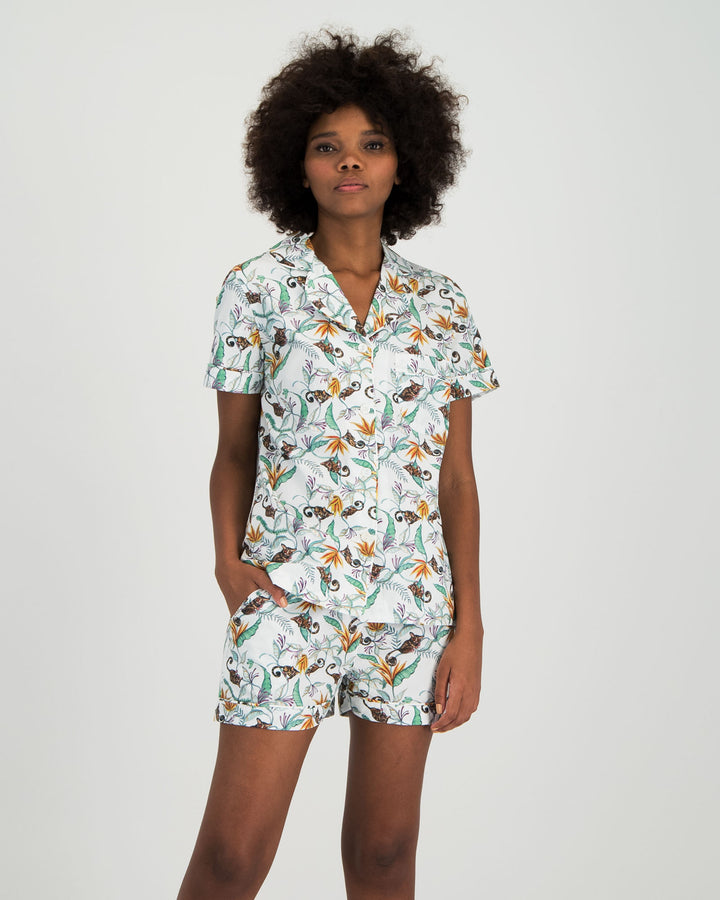 Womens Short Pyjamas - Nag Apies on White Front - Woodstock Laundry