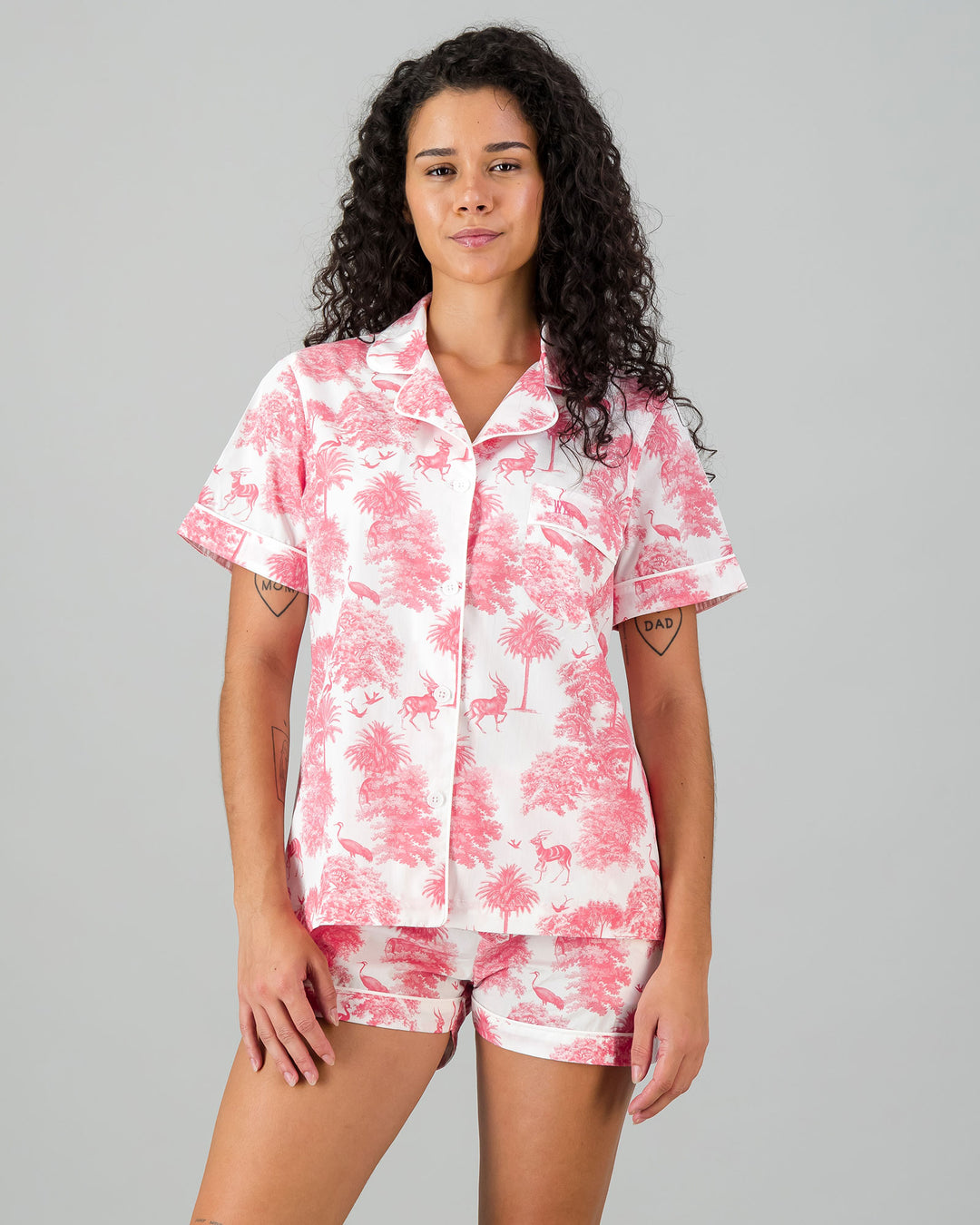 Womens Short Pyjamas - Pink Tropicana Front - Woodstock Laundry