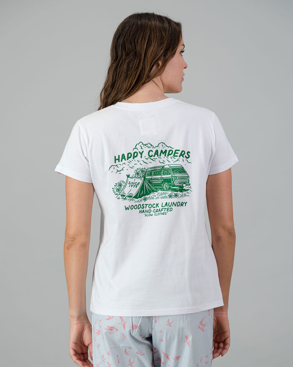 Womens T-Shirt - Green Campers on White Back - Woodstock Laundry