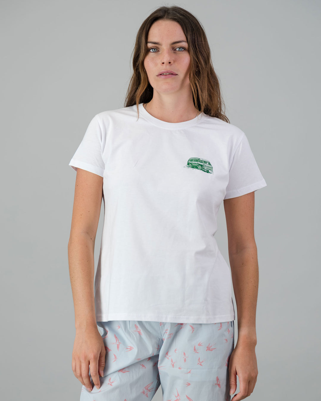 Womens T-Shirt - Green Campers on White Front - Woodstock Laundry