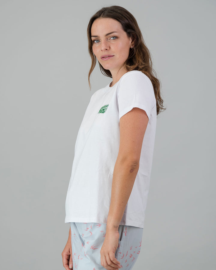 Womens T-Shirt - Green Campers on White Side - Woodstock Laundry