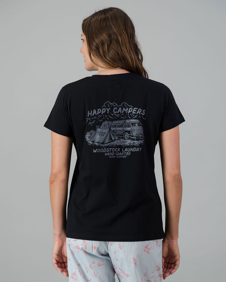 Womens T-Shirt - Dark Grey Campers on Black Back - Woodstock Laundry