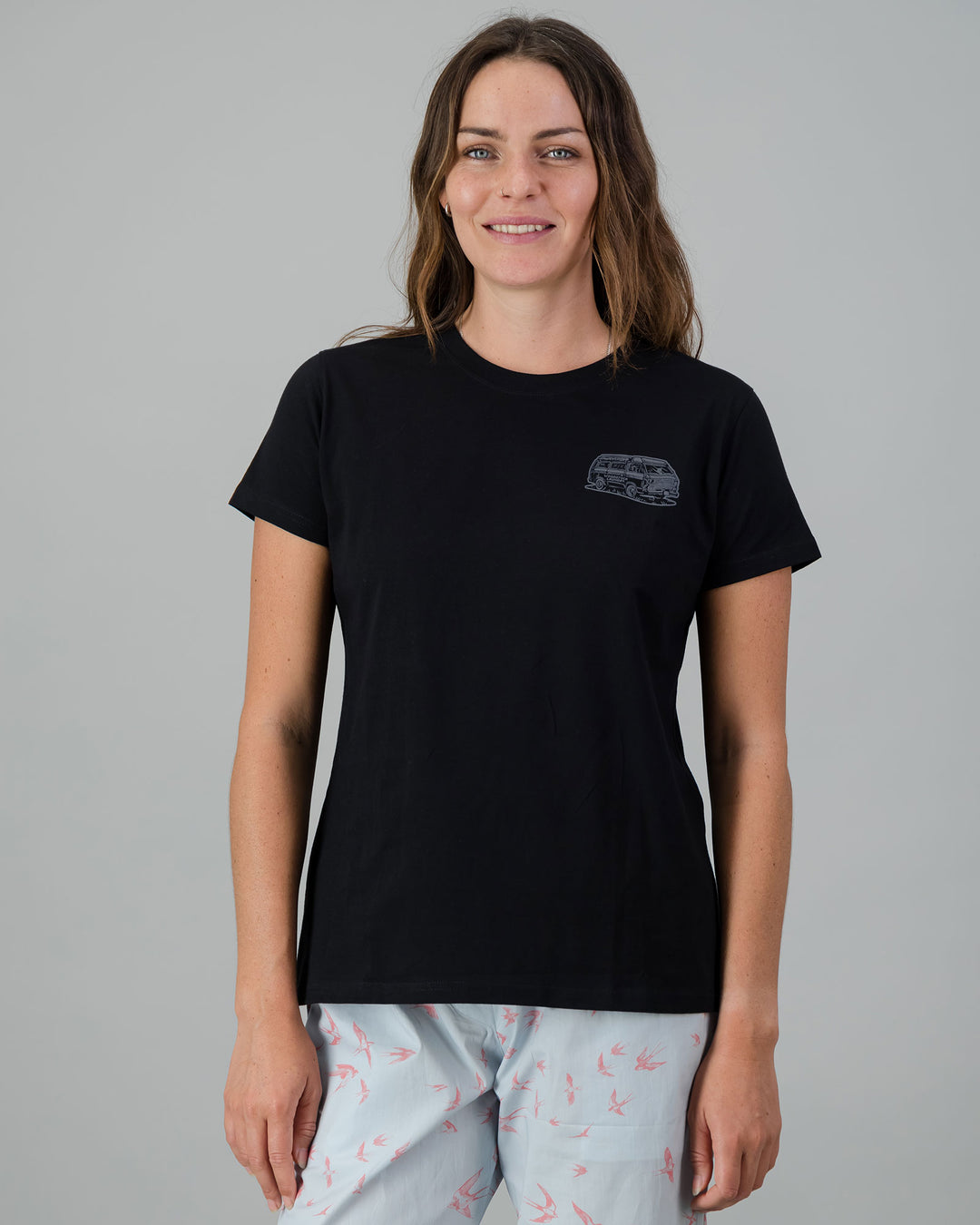 Womens T-Shirt - Dark Grey Campers on Black Front - Woodstock Laundry