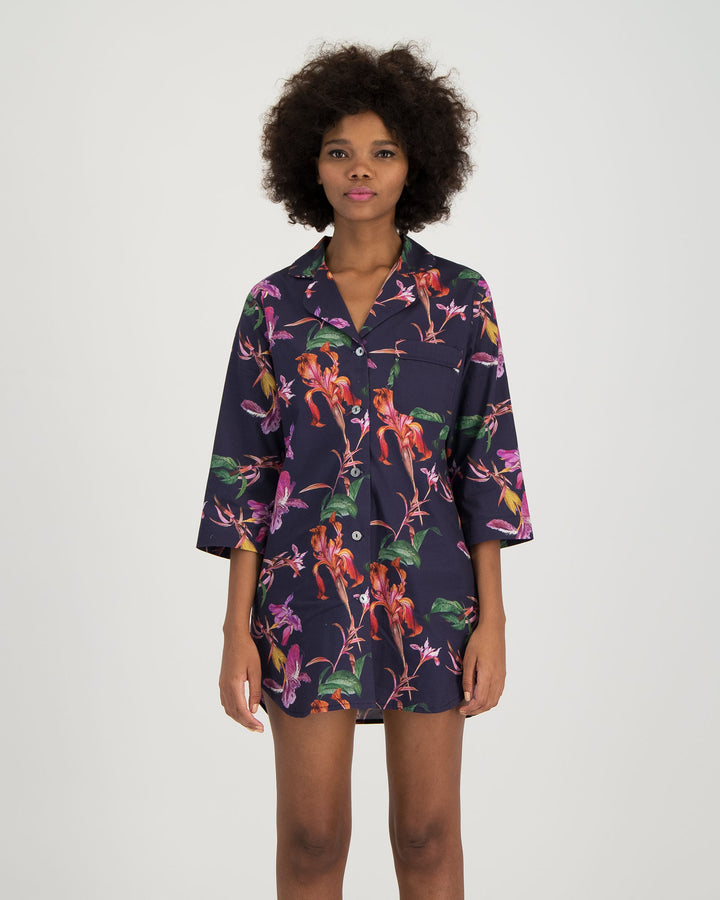 Womens Sleepshirt - Iris on Navy Front - Woodstock Laundry