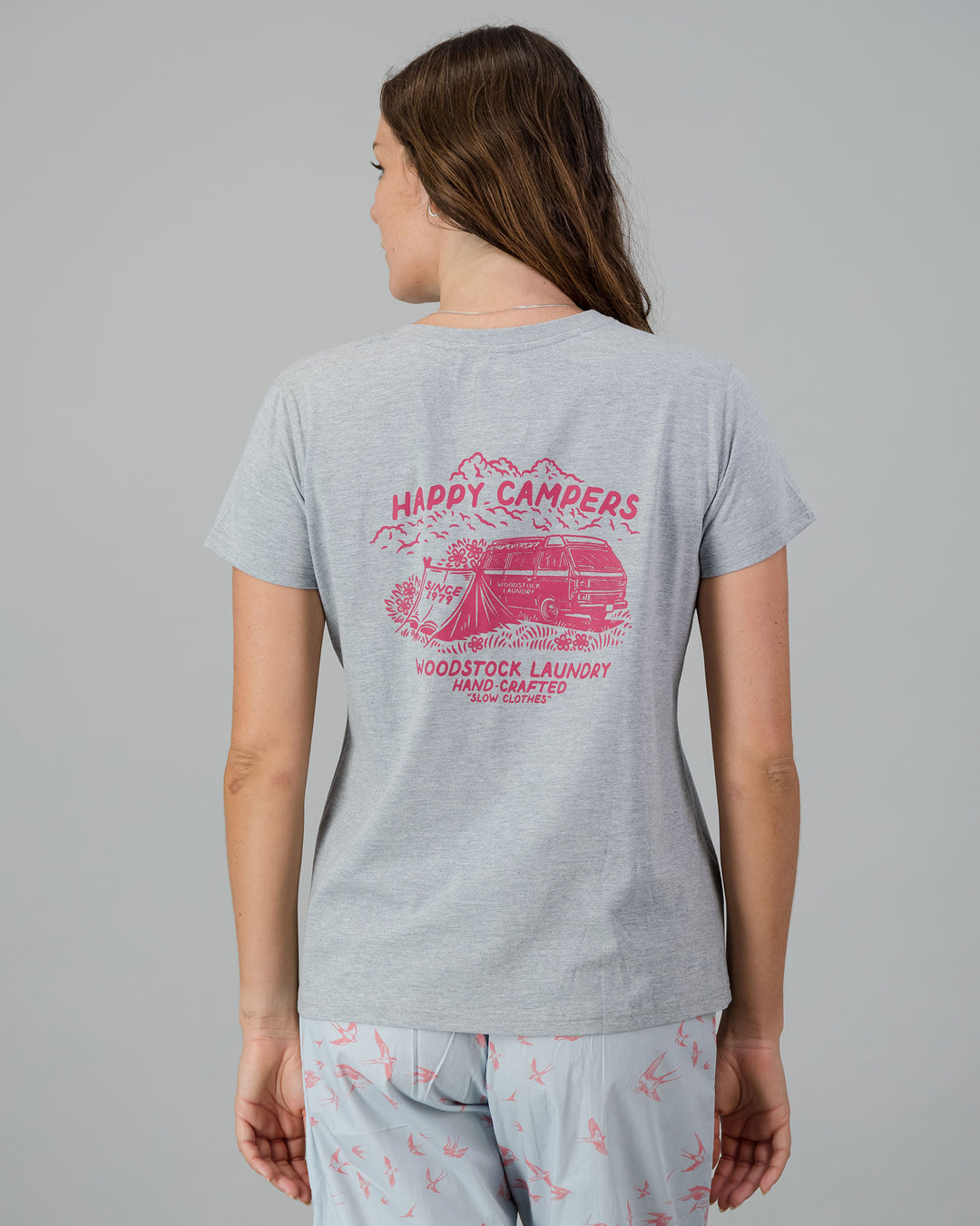 Womens T-Shirt - Pink Campers on Grey Melange Back - Woodstock Laundry