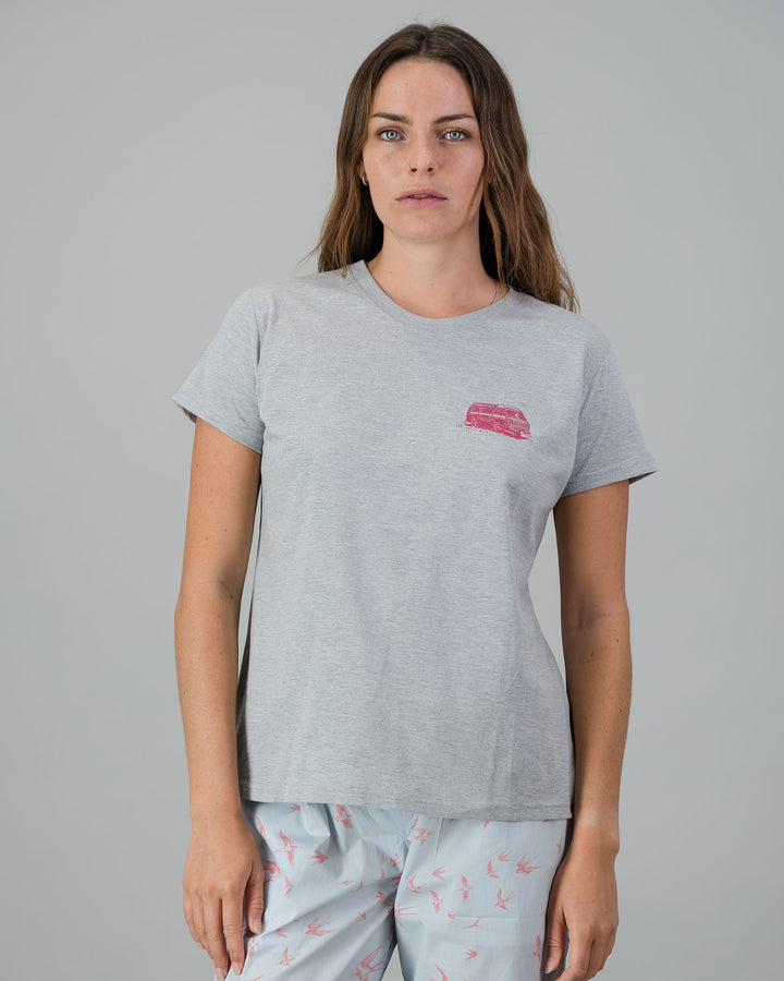 Womens T-Shirt - Pink Campers on Grey Melange Front - Woodstock Laundry