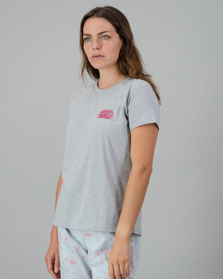 Womens T-Shirt - Pink Campers on Grey Melange Side - Woodstock Laundry