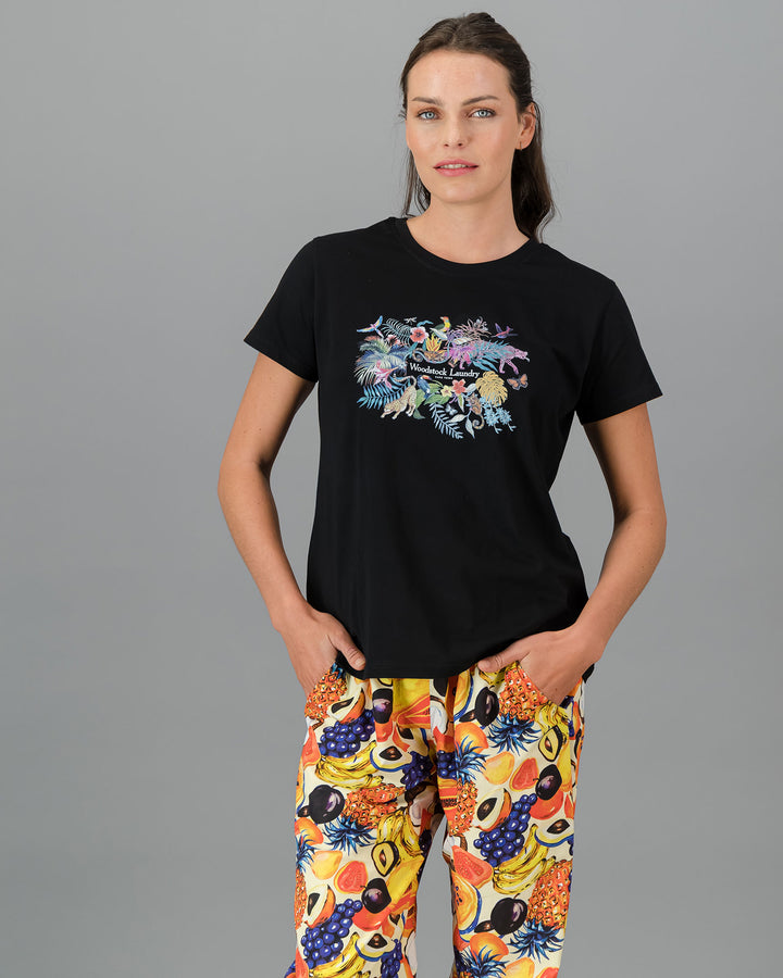 Womens T-Shirt Jungle Black Front - Woodstock Laundry