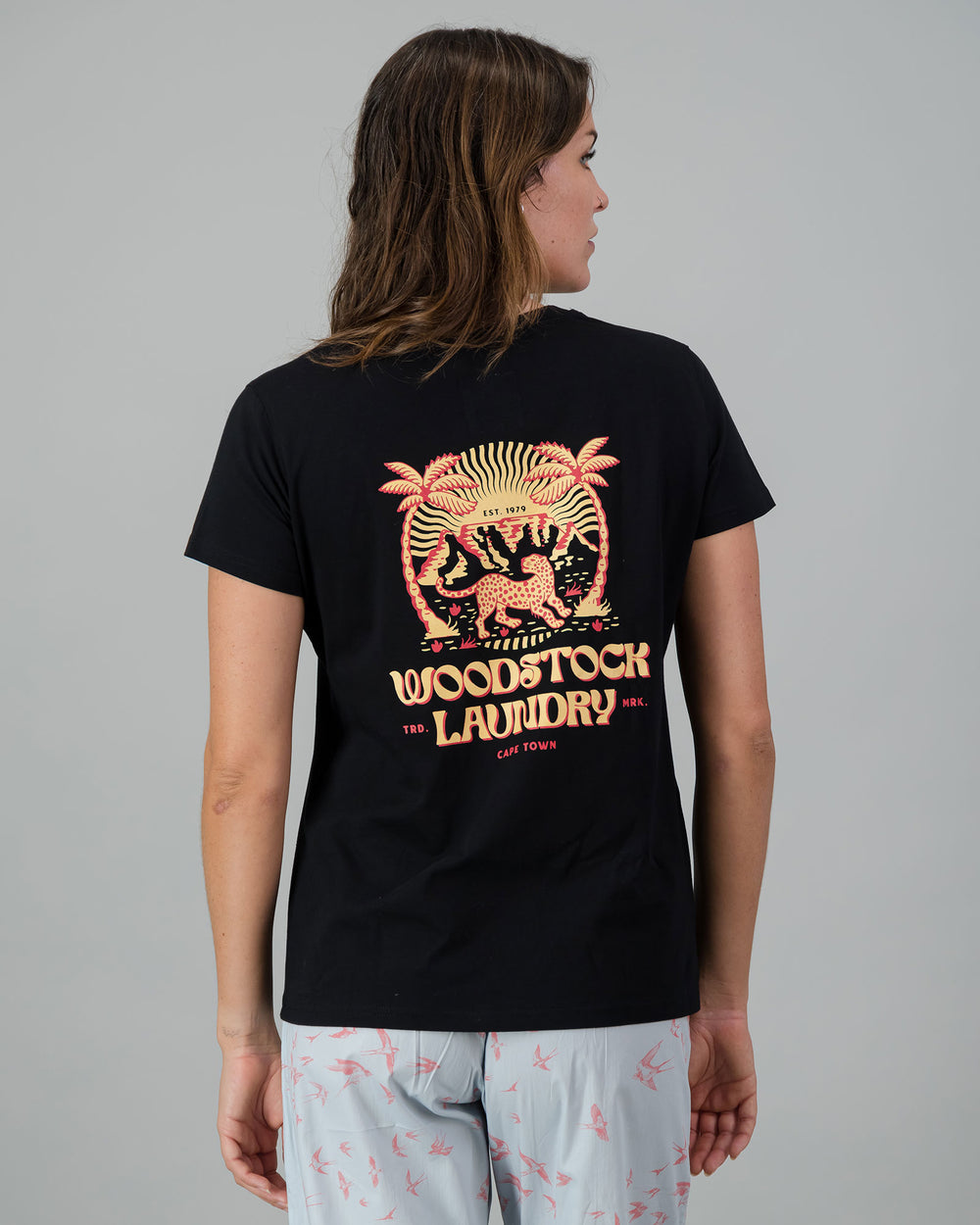 Womens T-Shirt - Red Leopard on Black Back - Woodstock Laundry