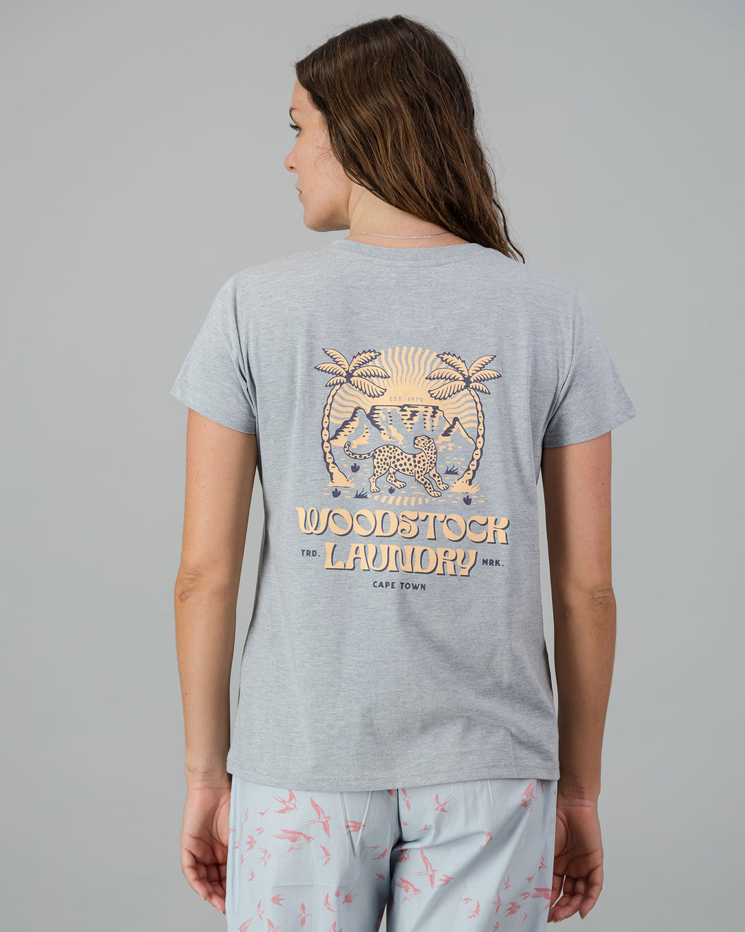 Womens T-Shirt - Yellow Leopard on Grey Melange Back - Woodstock Laundry