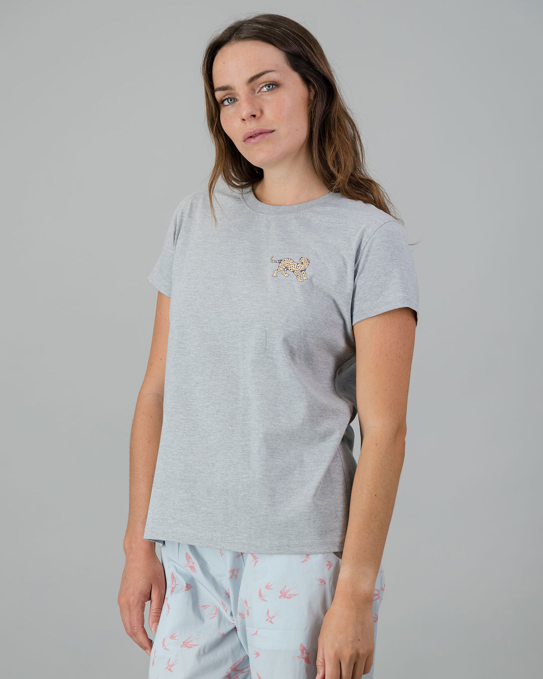 Womens T-Shirt - Yellow Leopard on Grey Melange Side - Woodstock Laundry