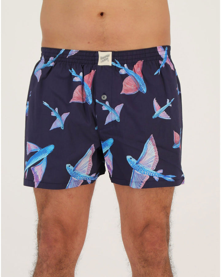 Mens Boxer Shorts - Flying Fish on Navy