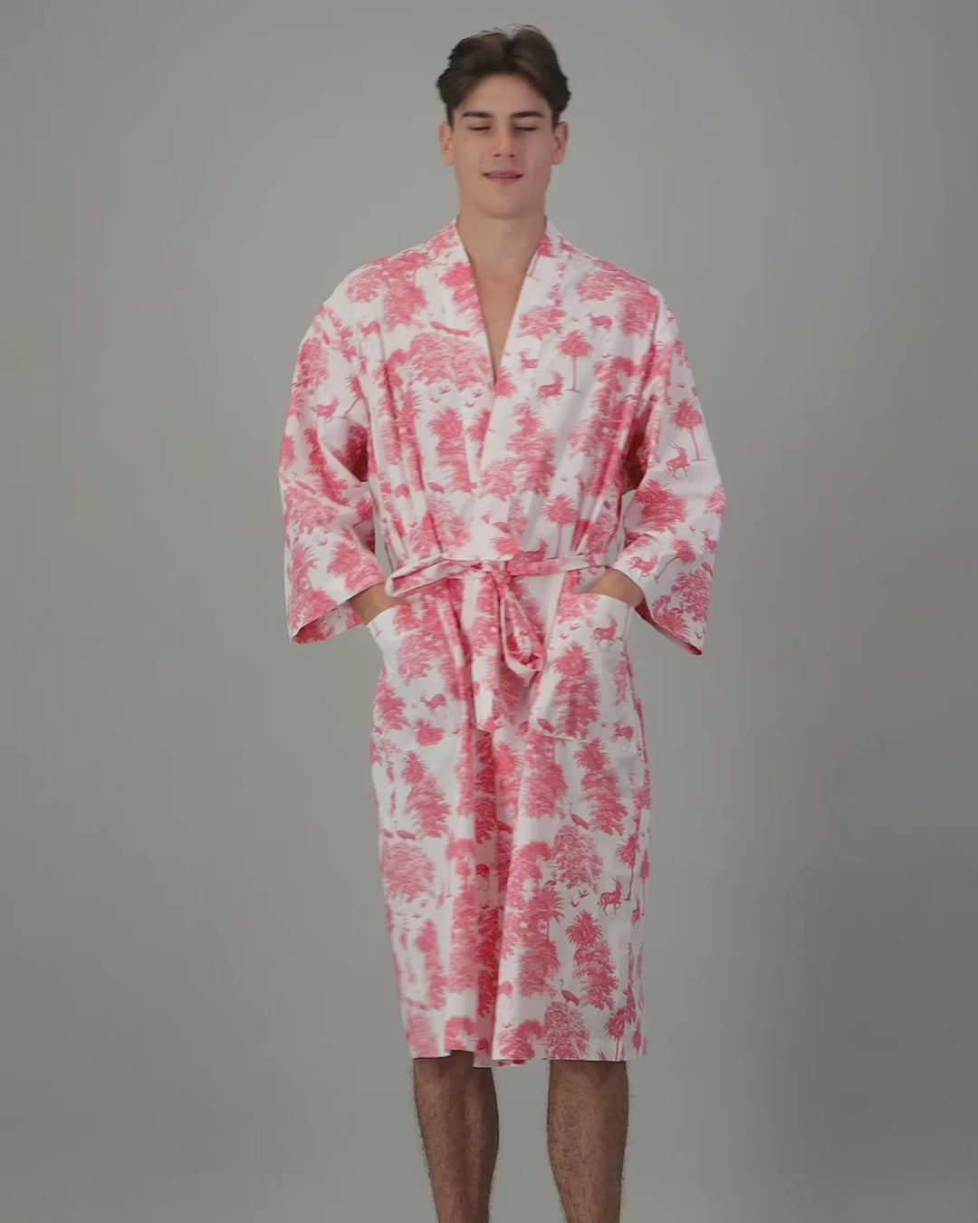 Mens Kimono - Pink Tropicana on White Video - Woodstock Laundry