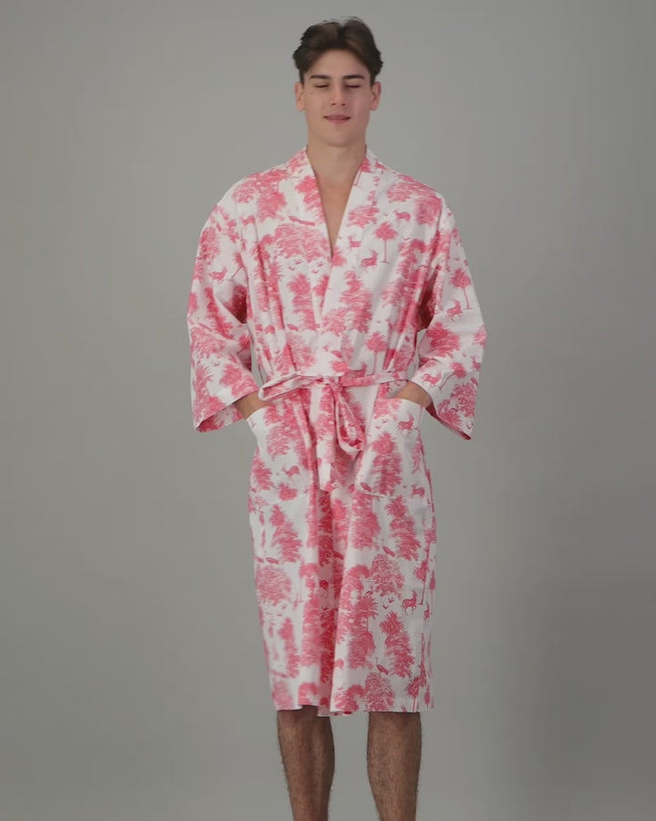 Mens Kimono - Pink Tropicana on White Video - Woodstock Laundry