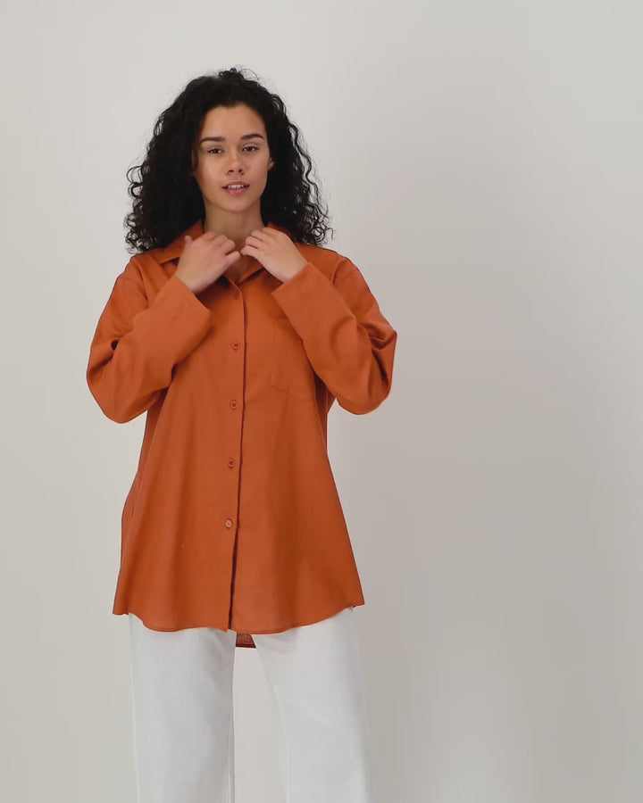 Womens Linen Over Shirt - Rust Video - Woodstock Laundry