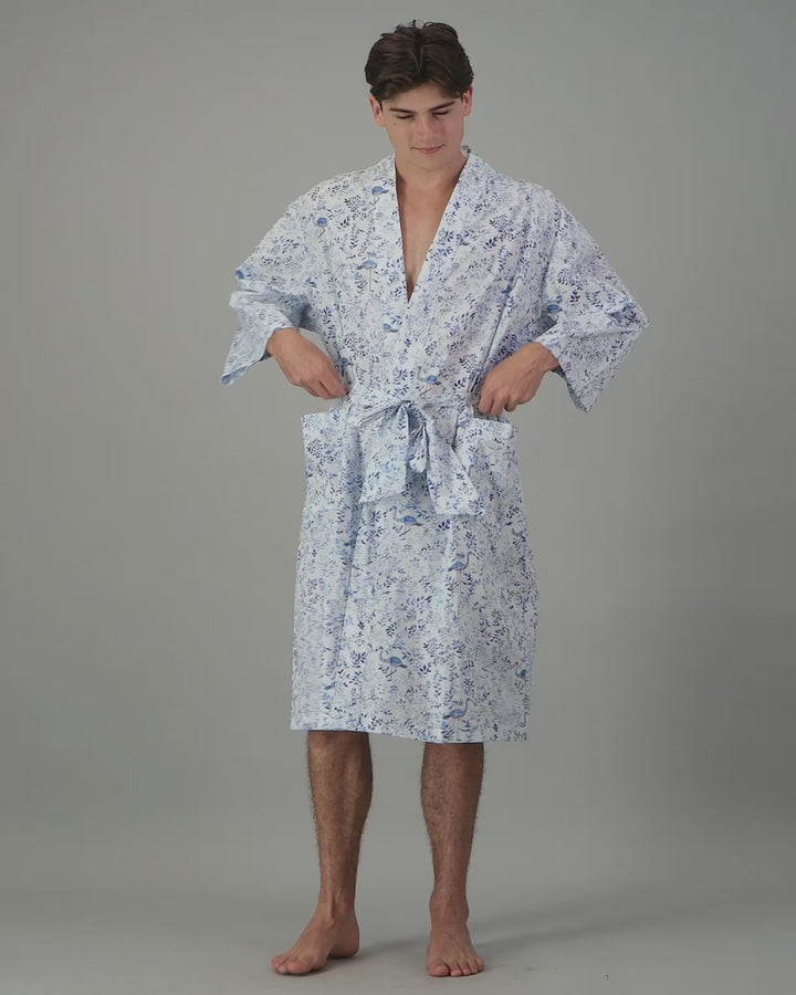 Mens Kimono Blue Summer Vines White Video - Woodstock Laundry