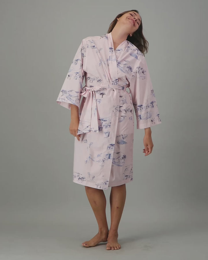 Womens Kimono - Grey Wild Coast on Pink Video - Woodstock Laundry