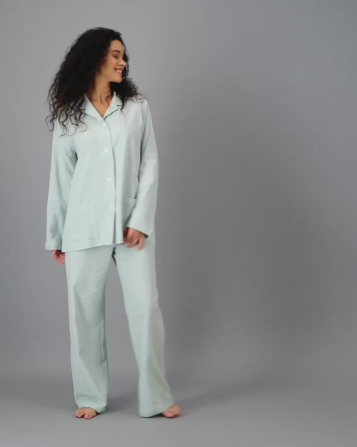 Womens HOT Cotton Long Pyjama Set Pistachio Green Video - Woodstock Laundry