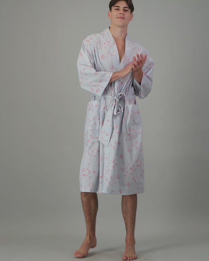 Mens Kimono - Pink Swallows on Pale Blue Video - Woodstock Laundry