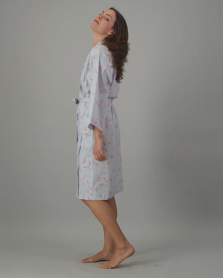 Womens Kimono - Pink Swallows on Pale Blue Video - Woodstock Laundry