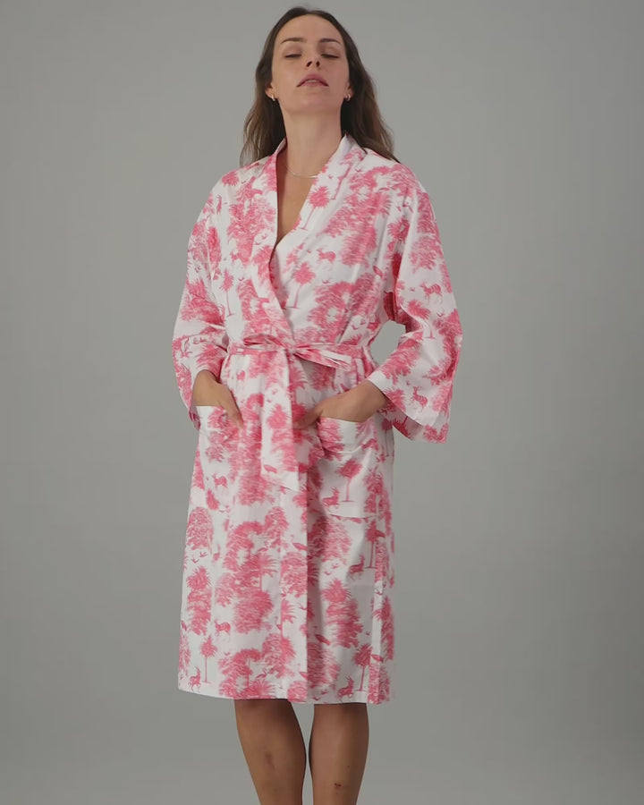 Womens Kimono - Pink Tropicana on White Video - Woodstock Laundry