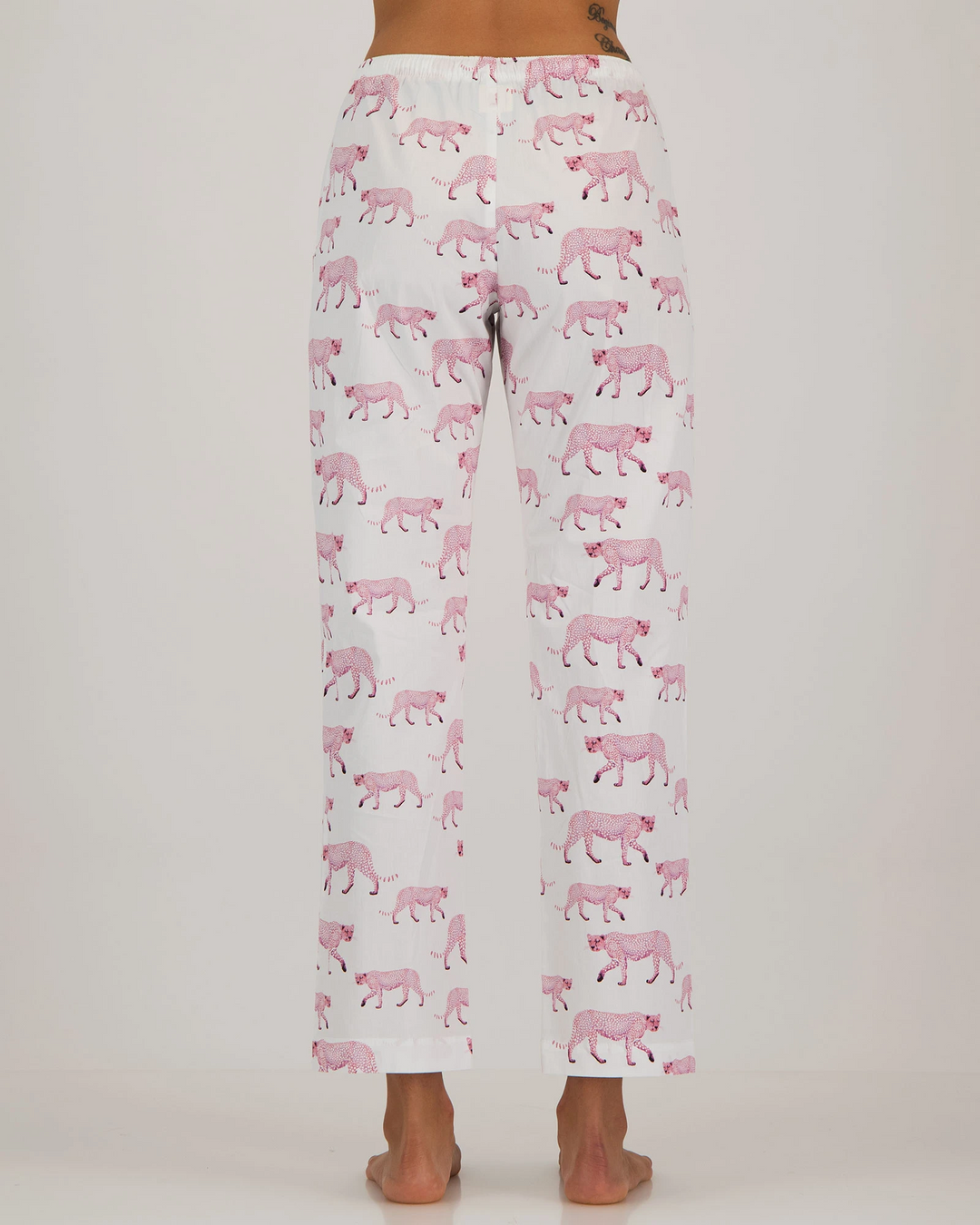 Womens Lounge Pants - Pink Cheetahs on White Back - Woodstock Laundry