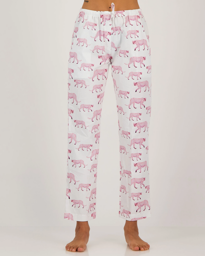 Womens Lounge Pants - Pink Cheetahs on White Front - Woodstock Laundry