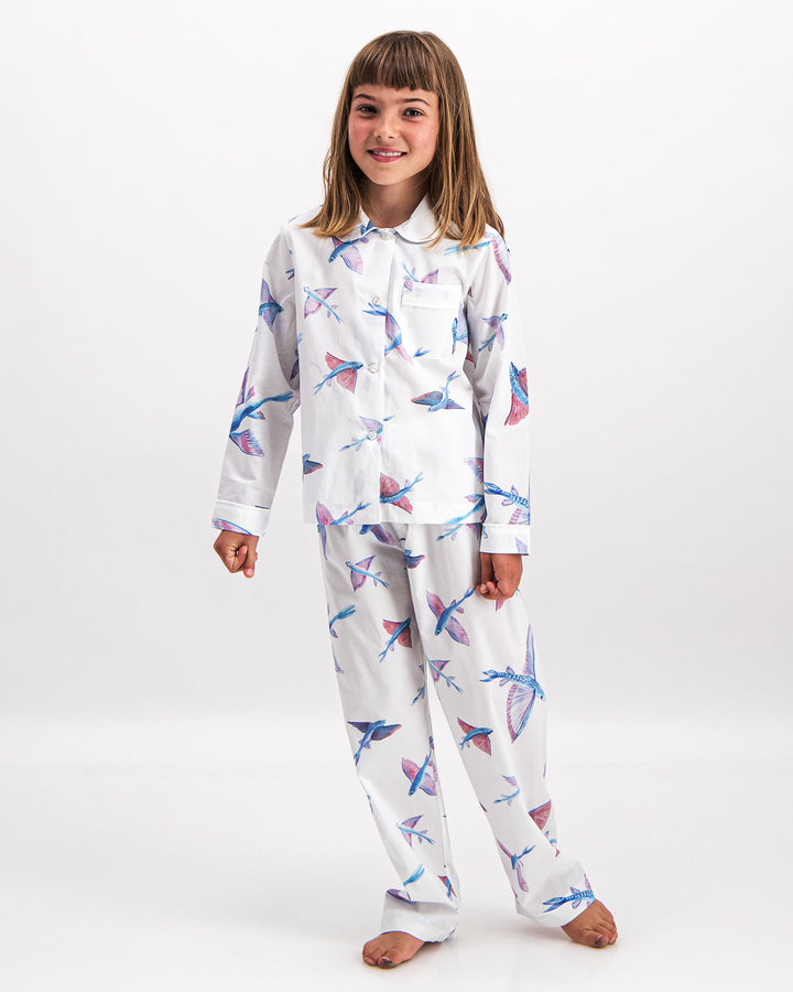 Girls Long Pyjamas Flying Fish White Front - Woodstock Laundry SA