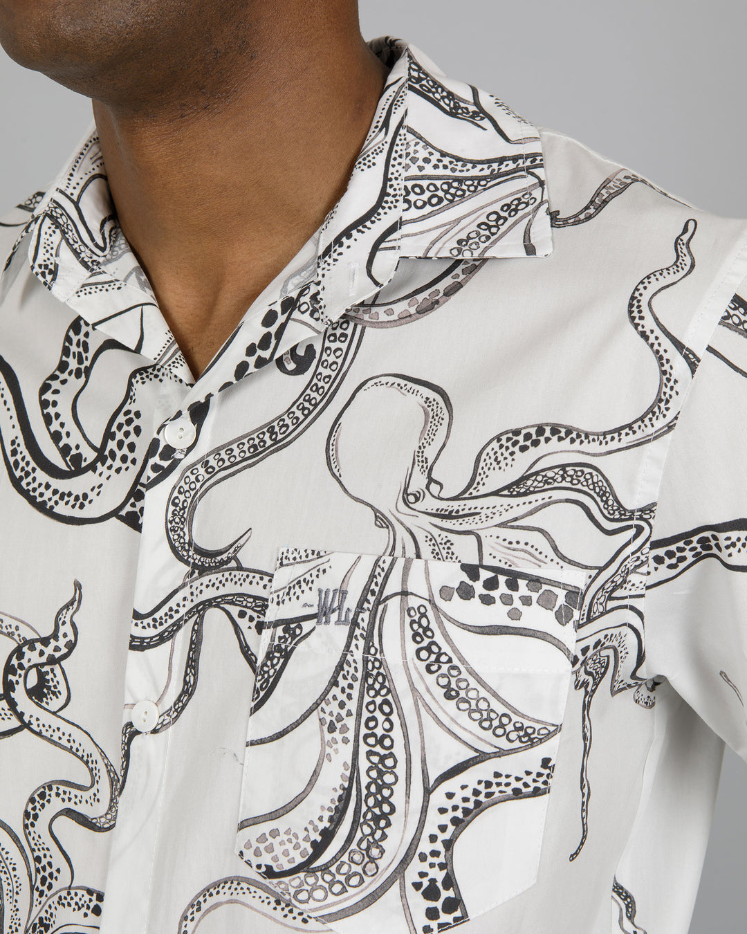 Mens Holiday Shirt Octopus White Close - Woodstock Laundry