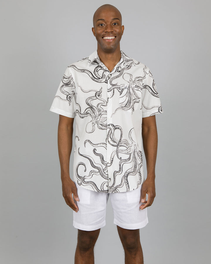 Mens Holiday Shirt Octopus White Front - Woodstock Laundry