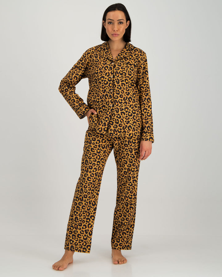 Womens Long Pyjamas Leopard Front - Woodstock Laundry