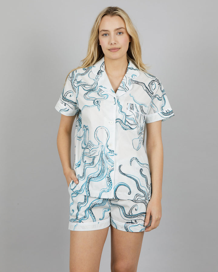 Womens Short Pyjamas Octopus Indigo Front - Woodstock Laundry